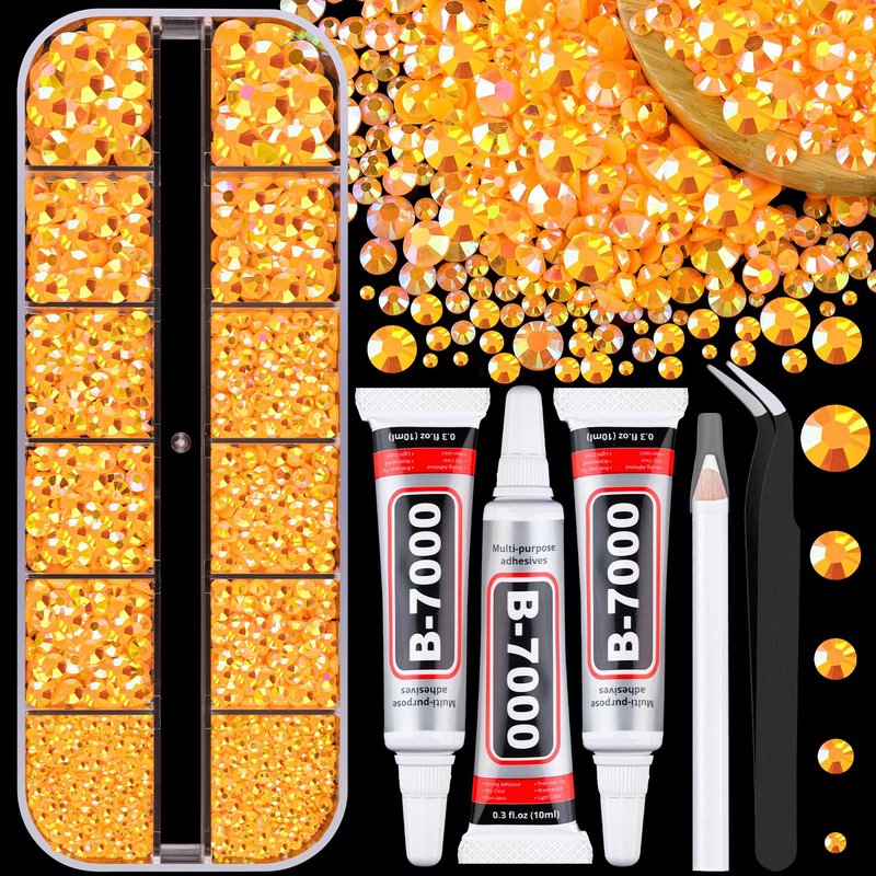Resin Jelly Rhinestones for Crafting with B7000 Jewelry Glue, 1 Box Light Orange AB Flatback Crystal with 3Pcs 10ml Glue, Bedazzling Non Hotfix Gems for DIY Tumblers Clothing Shoes Manicure