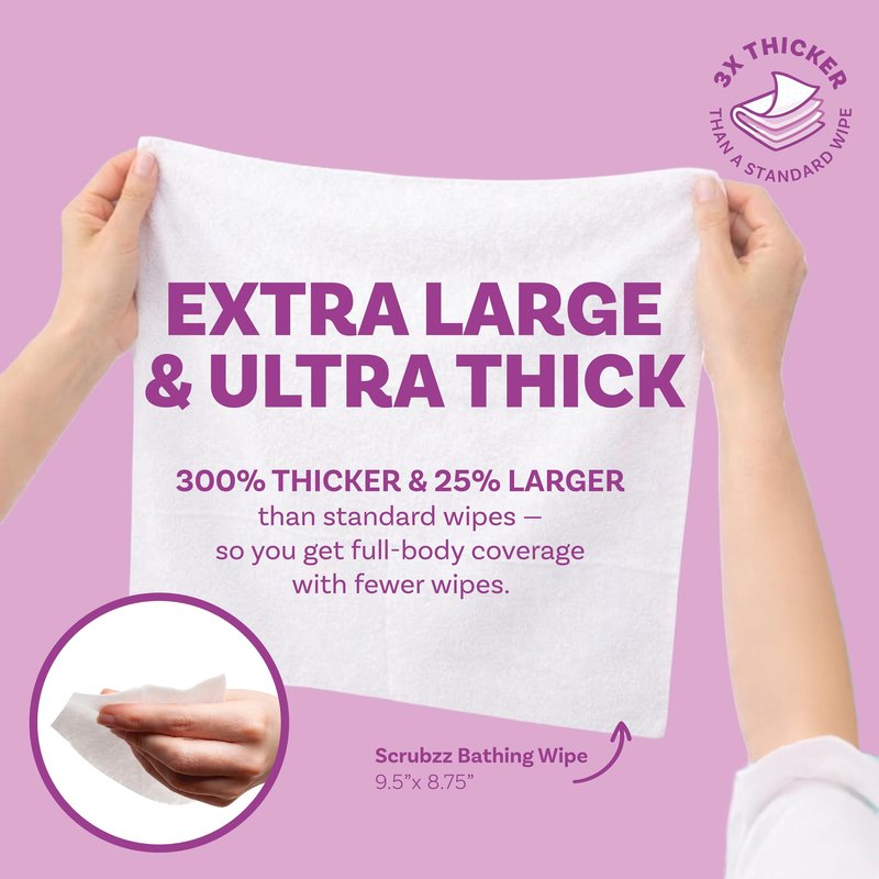 Extra Large Bath Wipes for Adults Bathing No Rinse - 40 Ultra Thick Disposable Body Cleansing Wipes for Men, Women & Elderly - Great for Gym, Camping, Post Surgery - Lavender