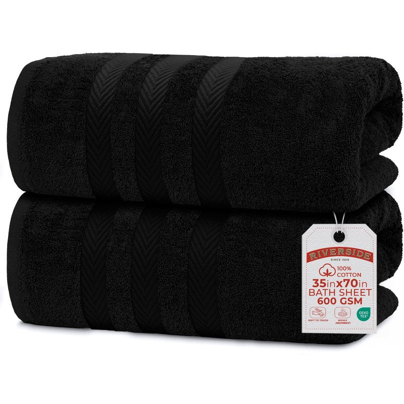RIVERSIDE Pack of 2 Extra Large Bath Sheets 35 x 70 Inches, 100% Ring Spun Cotton, Hotel Quality, Oversized Bath Towels for Adults, Soft, Highly Absorbent & Quicker to Dry, Black