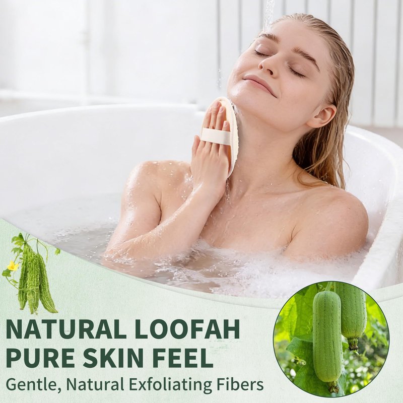 SAMEBUTECO 4 Pack Natural Loofah Exfoliating Body Scrubber Pads,Large Size 6.3x4.3 Inch Shower Loofah Sponges with Elastic Strap & Hanging Loop, Bath Scrubber for Adults