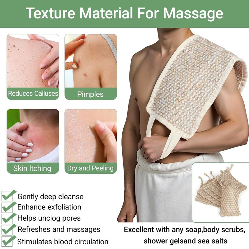 Back Scrubber for Shower with Handles | Natural Jute Body Exfoliator, Long Rectangular Bath Loofah for Deep Cleansing, Reusable Loofah for Women and Men (Exfoliating Back Scrubber)
