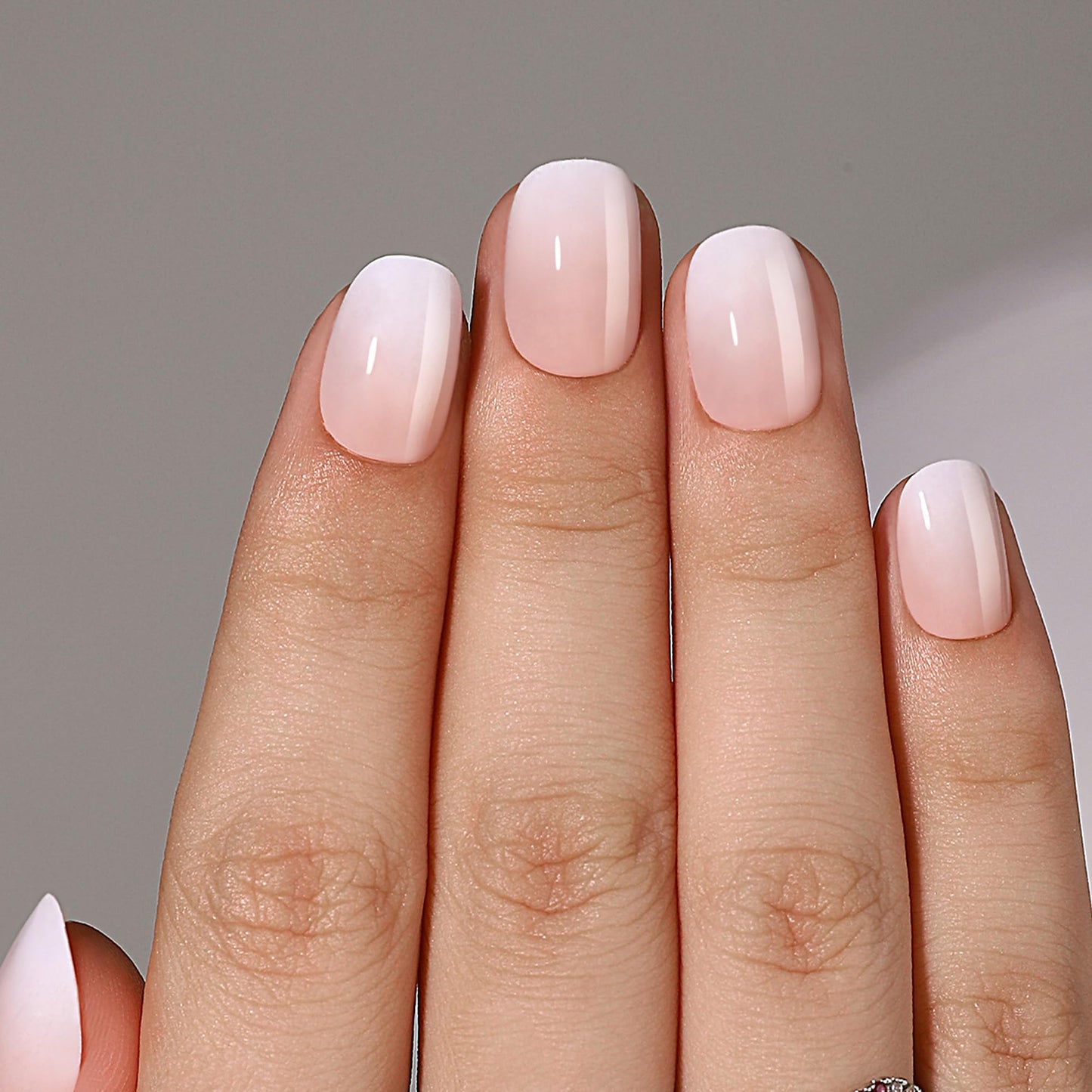 WAFOLOZE Gel Press On Nails - White Ombre Square Short Fake Nails With Glue, 16 Sizes, 32Pcs Reusable Soft Gel False Tips Kit