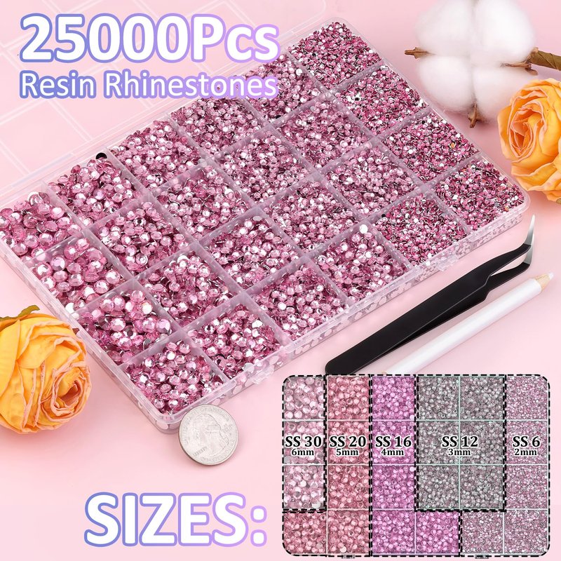 Skiennix 25000Pcs Resin Rhinestones - Dark Pink Flatback Gems for DIY Crafting | 2-6mm Mixed Sizes