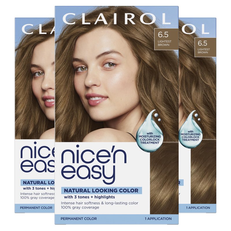Clairol Nice'n Easy Permanent Hair Dye, 6.5 Lightest Brown | 100% Gray Coverage | Long‑Lasting, Natural‑Looking Color & Shine | Pack of 3