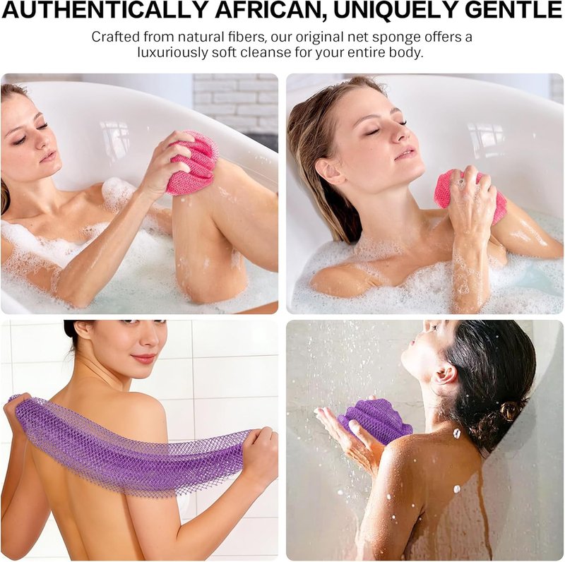 African Net Sponge Exfoliating Body Scrubber - 2-Piece Set for Deep Cleansing & Dead Skin Removal | Pink & Purple