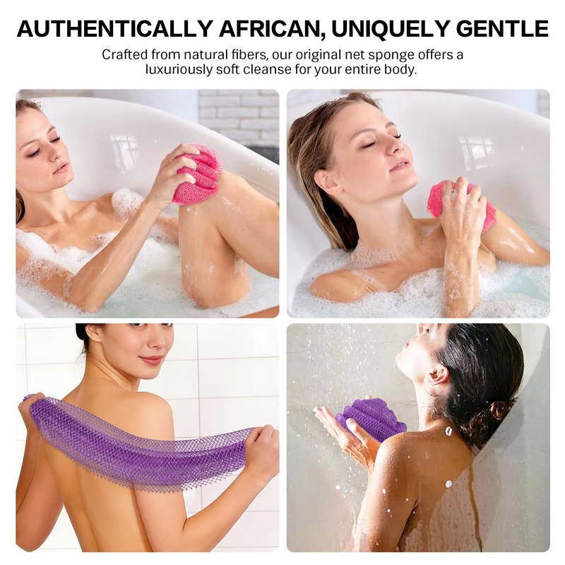 UJFQBH African Net Sponge Authentic 2-Pieces Exfoliating Body Scrubber for Shower & Bath, Deep Cleansing Lather for Dead Skin Removal, Back Scrubber for Women & Men (Pink 、Purple