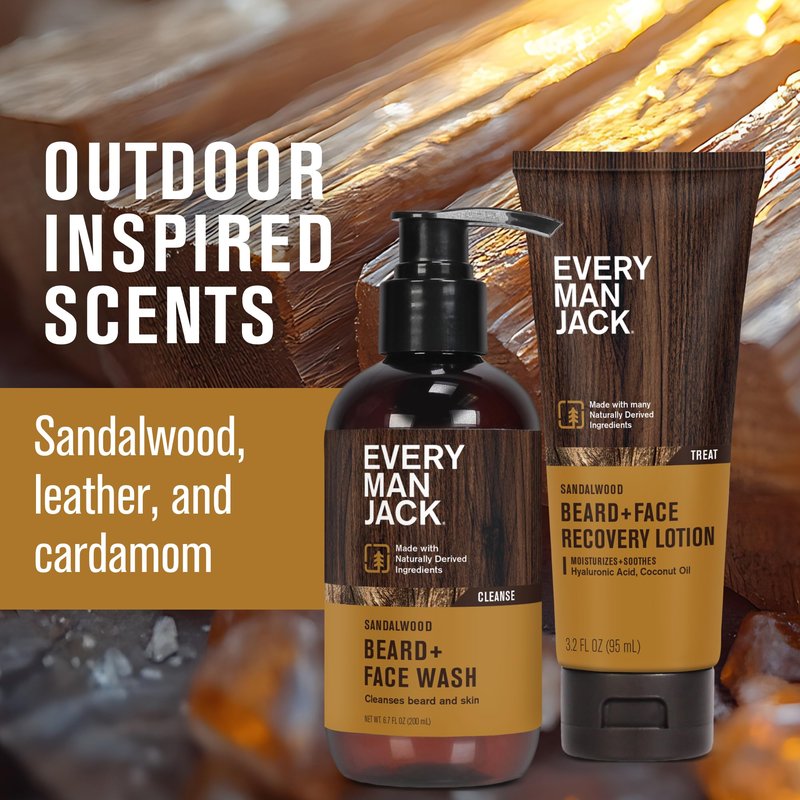 Every Man Jack Men's Beard + Face Wash & Scruff Face Lotion Set - Subtle Sandalwood Scent - Naturally Cleanse, Hydrate, and Soothe Your Beard & Skin