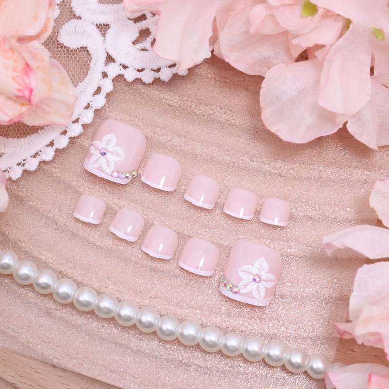 3D Floral Press-On Toenails - Short Square Fake Toe Nails with Rhinestones | White French Tip, 24pcs