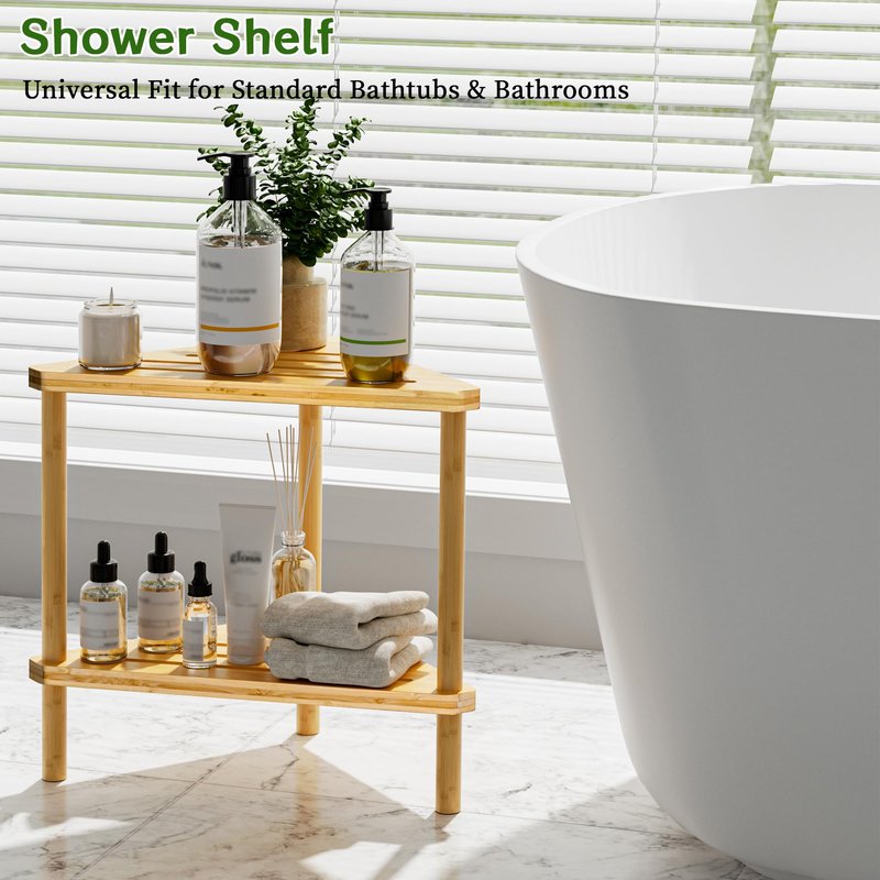 Bamboo Corner Shower Stool - Waterproof Shower Stool for Inside Shower, Shaving Legs & Small Spaces, 2-Tier Shower Foot Rest with Storage Shelf, Bath Seat & Corner Bench for Woman, Mom, Spa