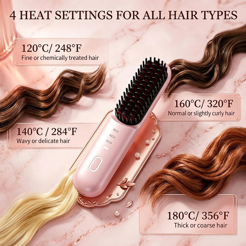 Flown Go Brush Pro for Short Hair, 2026 Upgraded Cordless Hair Straightening Brush for Thin Hair, 4 Temperature Settings, Ionic & Ceramic Care, 4000mah USB-C Rechargeable (Pink)