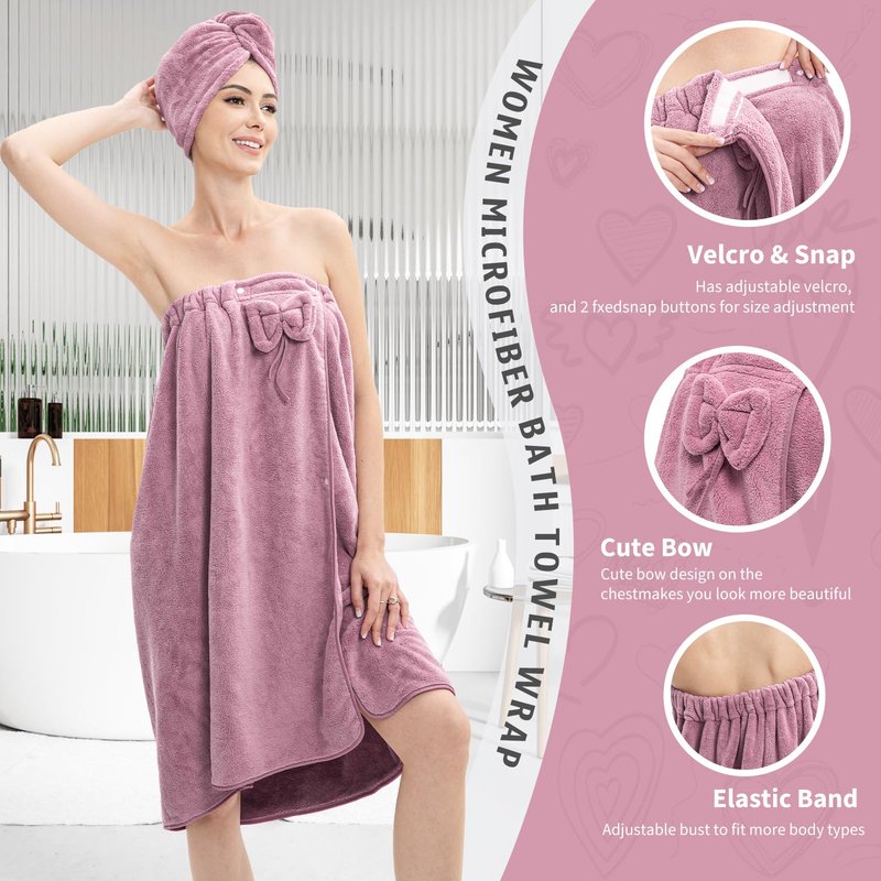 HJMJY Bath Wrap Towels for Women – Adjustable Spa Shower Wrap with Super Absorbent Microfiber, Quick-Dry Body & Hair Towel Set for Home, Hotel, Beach, Pool, Gym, Travel – Purple