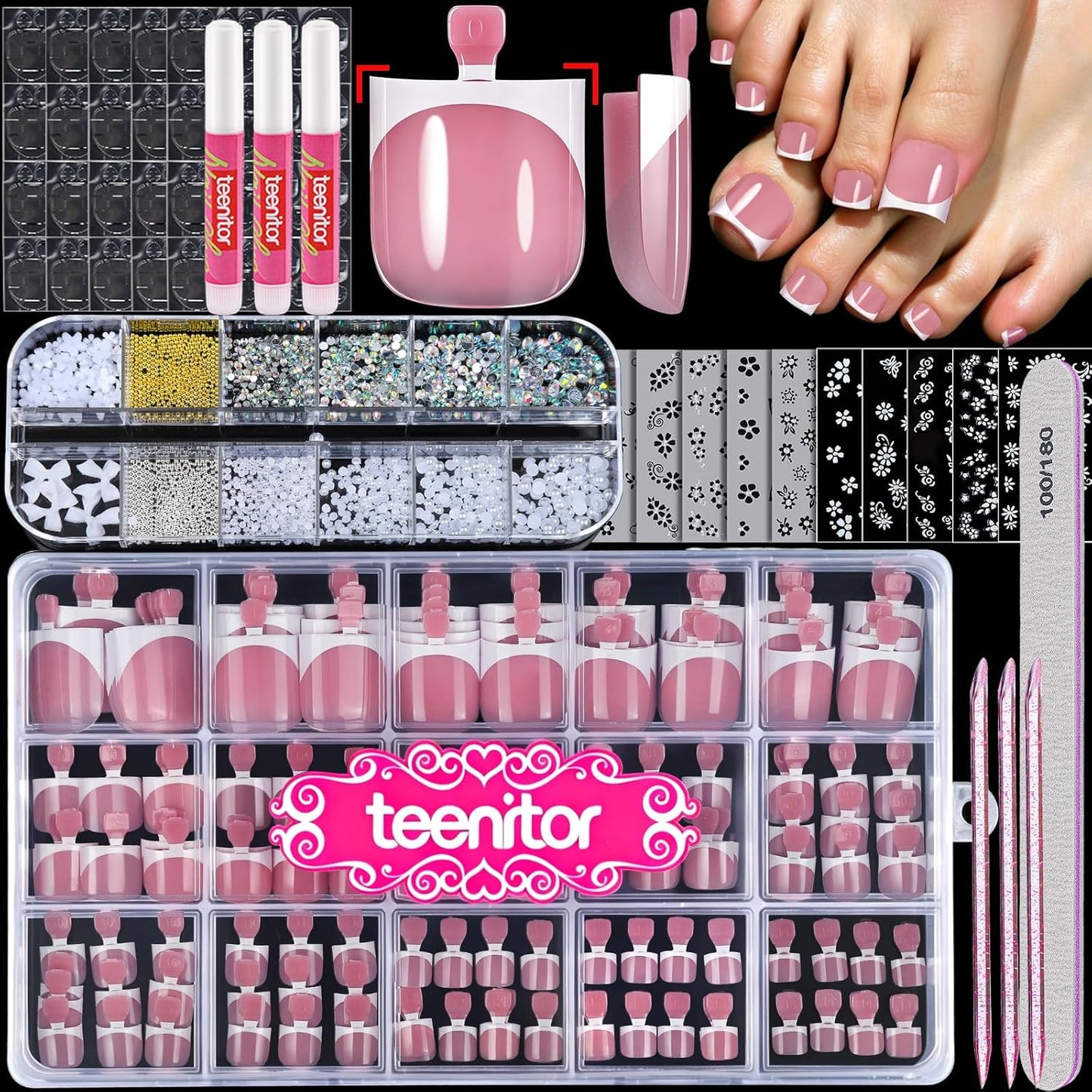 Square Toe Press-On Toenails - 150pcs French Tip Fake Nails with Glue | 15 Sizes & DIY Nail Charms