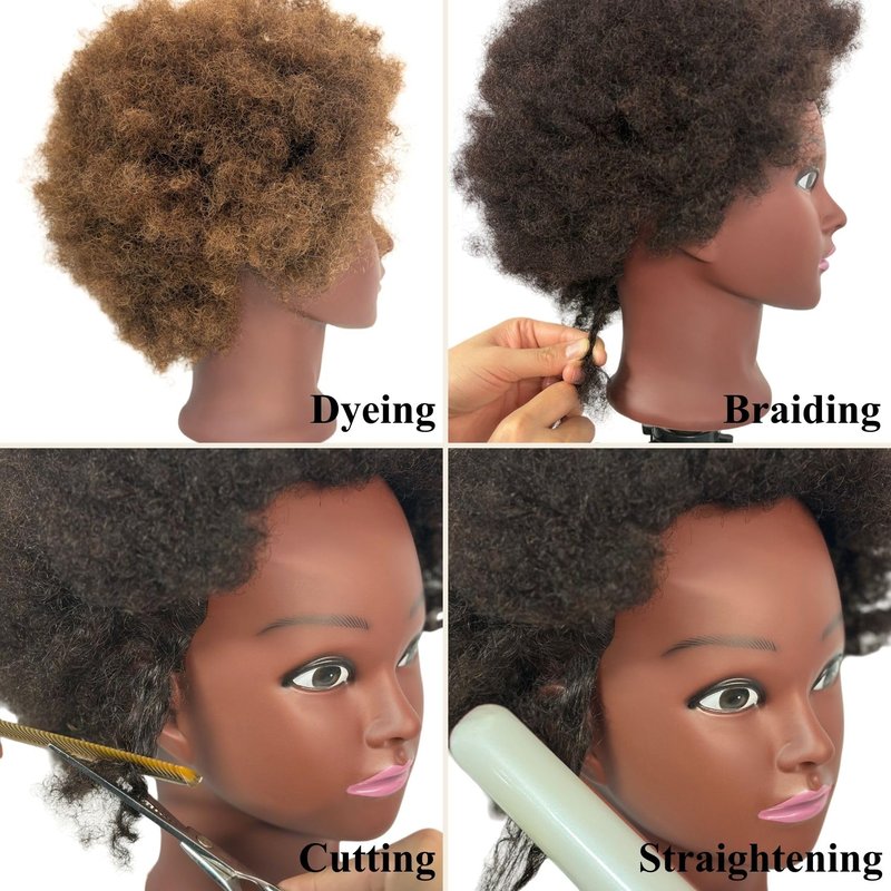 100% Human Hair Afro Curly Black Mannequin Head for Braiding, Cosmetology Training Mannequin Head with Stand for Hair Styling