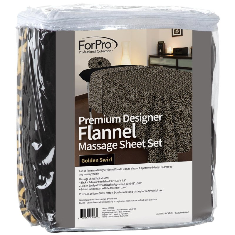 ForPro Premium Designer Flannel 3-Piece Massage Sheet Set, Golden Swirl with Black Fitted Sheet