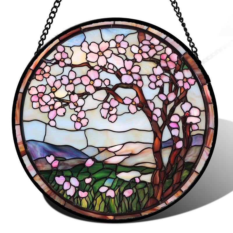 QZQCBLC Stained Glass Window Hanging Pink Cherry Blossom Tree 6.3" - Flower Suncatcher Door Terrace Garden Sun Catcher Home Decor Birthday Christmas for Mom Wife Woman Nana