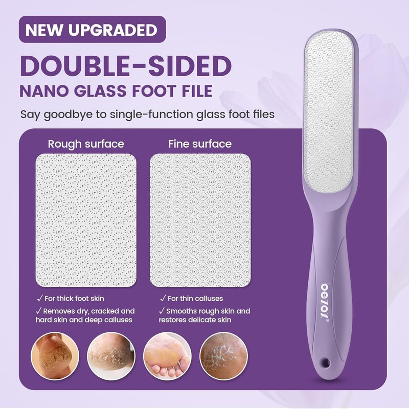 BEZOX Glass Foot File - Callus Remover for Silky Smooth Heels | Professional Pedicure Tool, Washable Foot Scraper - Purple
