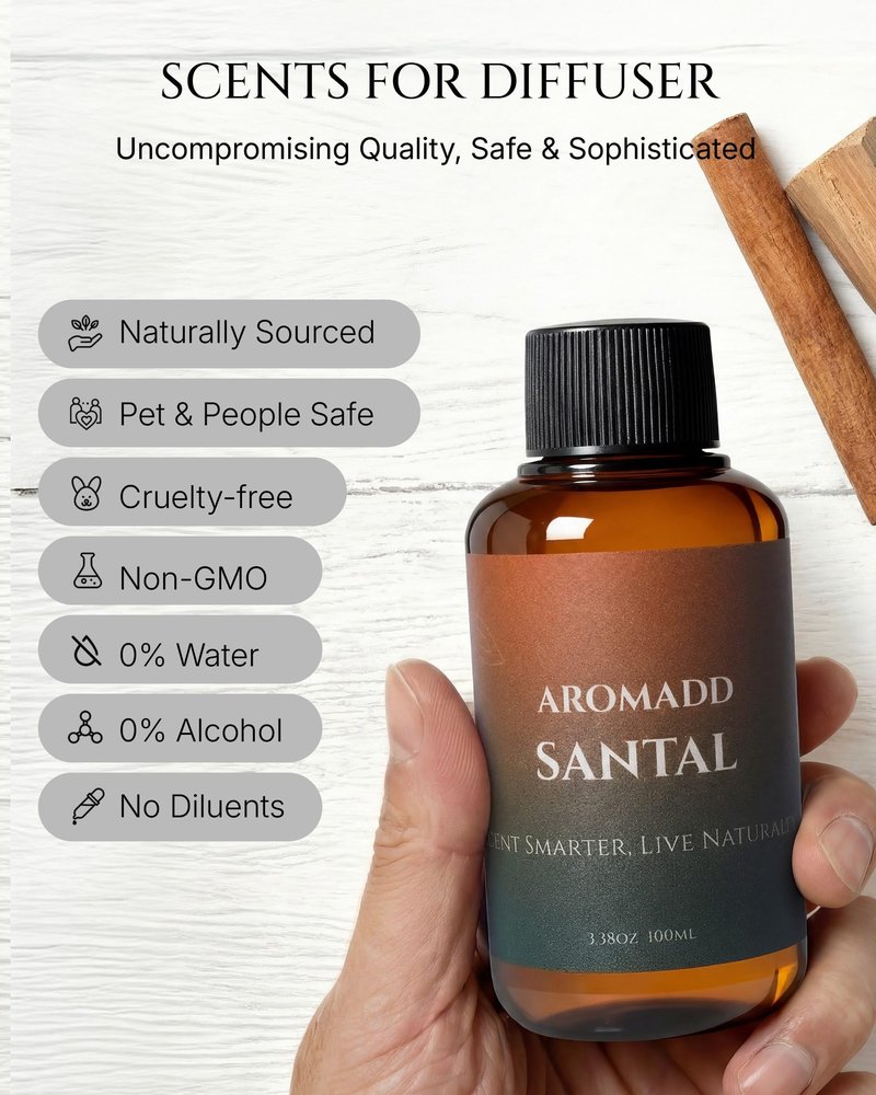 Aromadd Aromadd Santal Diffuser Oil Inspired by Luxury Hotel Scent, Essential Oils for Waterless Diffuser, Warm Sandalwood & Amber Aroma, Long-Lasting & Natural Home Fragrance - 3.38 fl oz (100 mL)