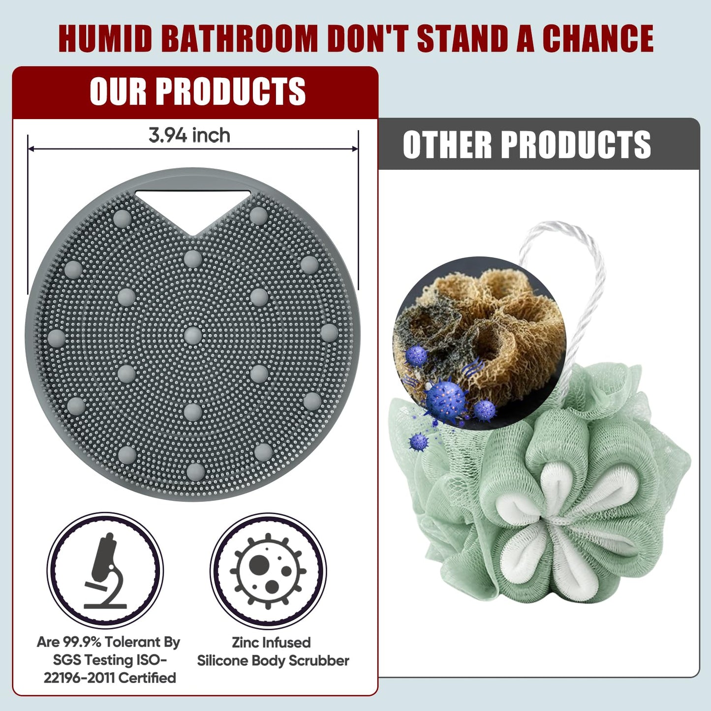 XCRUCC Silicone Body Scrubber Anti Zinc Infused Silicone Loofah，Silicone Shower Scrubber with Stiff & Soft Bristles，Unblock Blood Circulation or Lymphatic Drainage - Gray