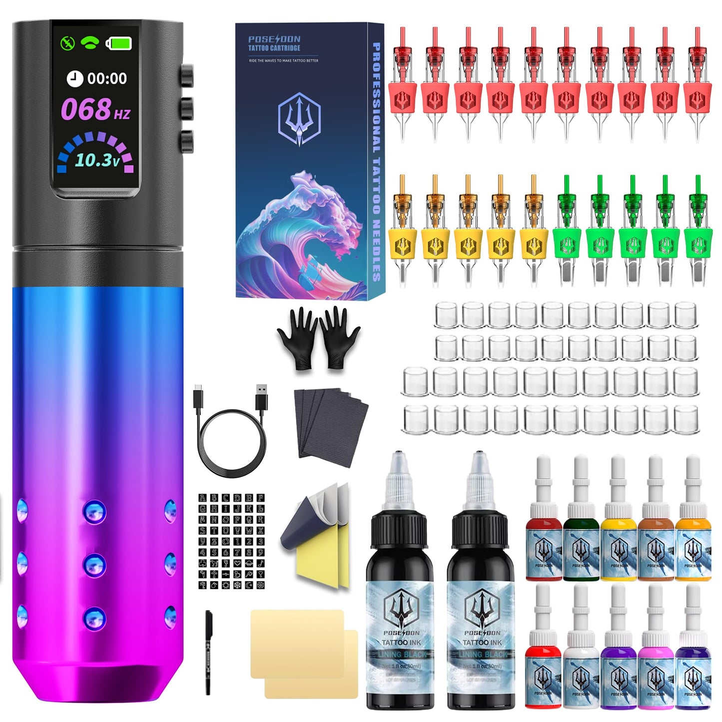 POSEIDON Wireless Tattoo Gun Kit, 2300mAh, LED Display for Beginners
