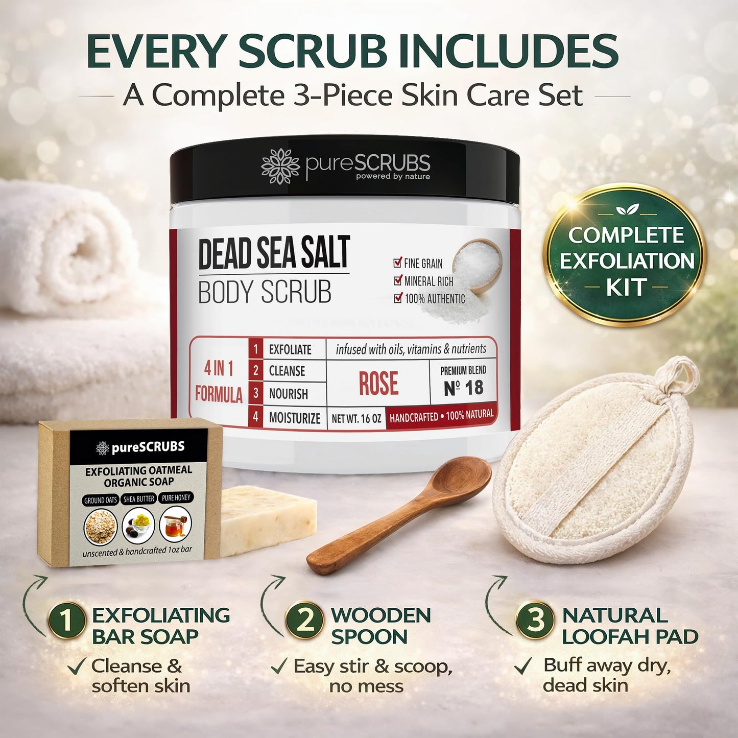 pureSCRUBS Skin Smoothing Rose Dead Sea Salt Exfoliating Body Scrub Set