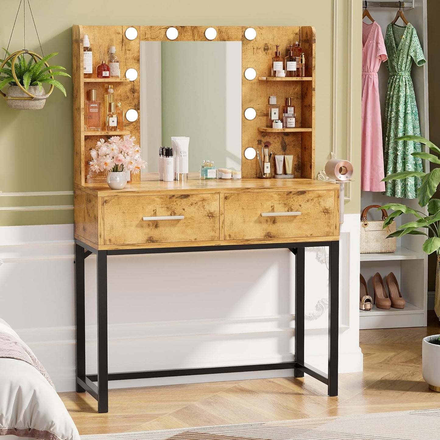 YESHOMY Vanity Desk with Mirror - Makeup Table with 2 Large Drawers & Power Outlet | Rustic Brown & Black