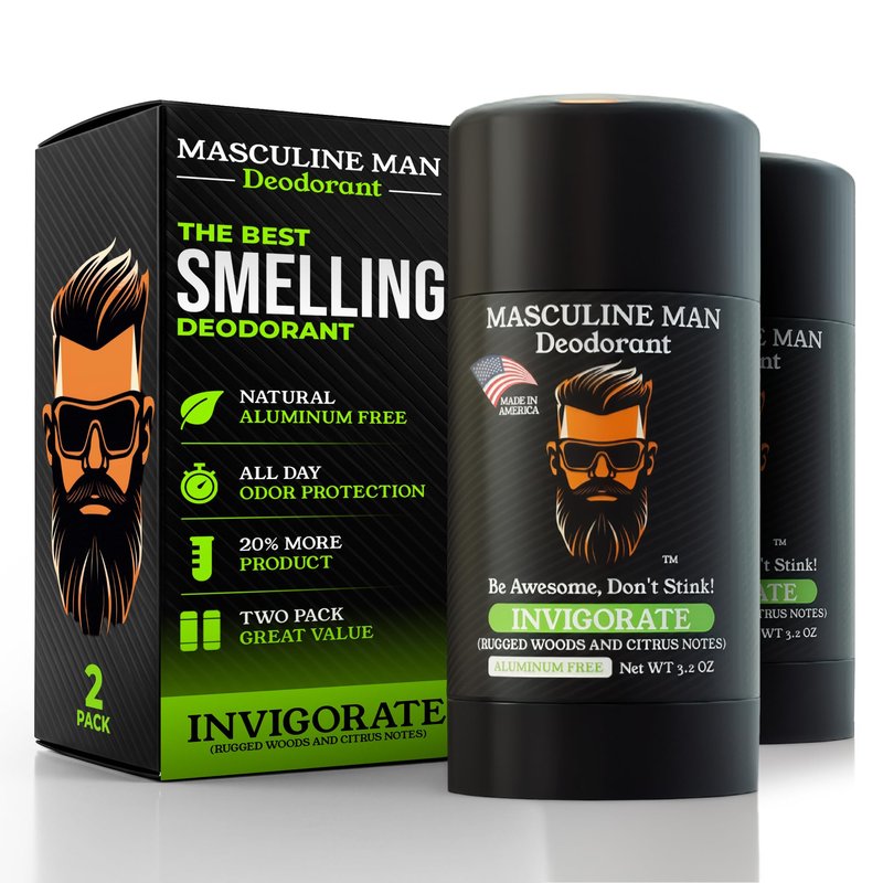 MASCULINE MAN Deodorant for Men - Aluminum Free Mens Deodorant - Natural Deodorants - Sweat Protection for Underarm, Stain-Free Stick Deodorants, Made in USA, 3.2oz (Pack of 2, Invigorate)