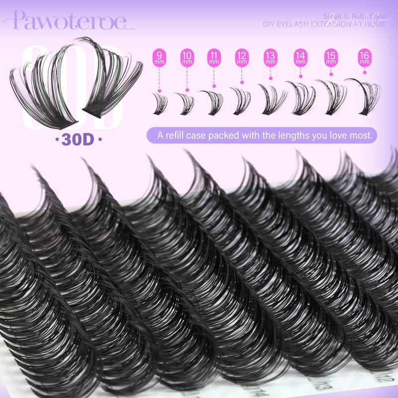 Pawotence Lash Clusters 200pcs Individual Lashes 30D Cluster Eyelash Extensions 11-16mm Eyelash Clusters Lash Extensions for Self Application (30D, 0.07D, 11-16mm Refill)