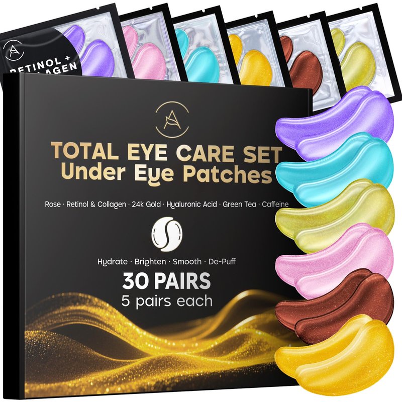 AURAE Variety Under Eye Patches (30 Pairs) - Eye Mask for Dark Circles, Puffiness & Care - Hyaluronic Acid, Green Tea, Rose, 24K Gold, Retinol & Collagen