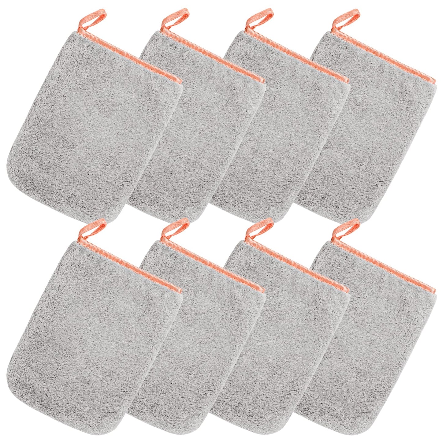 PHOGARY 8 Pack Microfiber Wash Mitts for Face Body, Super Soft Absorbent Coral Fleece Facial Cloths Bath Shower Mitt, Reusable Makeup Remover Washcloths, Gray, 6x9in