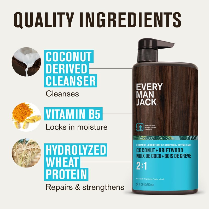 Every Man Jack 2-in-1 Daily Shampoo + Conditioner - Coconut & Driftwood | Nourishing For All Hair Types, Naturally Derived, Cruelty-Free Shampoo and Conditioner Set for Men | 24oz - 1 Bottle