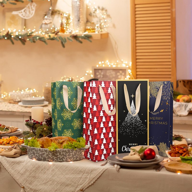 DeckTheHalls Christmas Gift Bags, 8 Pcs Wine Gift Bags with Unique Xmas Designs, Christmas Goody Bags with Ribbon Handles, Reusable Wine Bottle Wrap Bags for Xmas, Engagements & Party