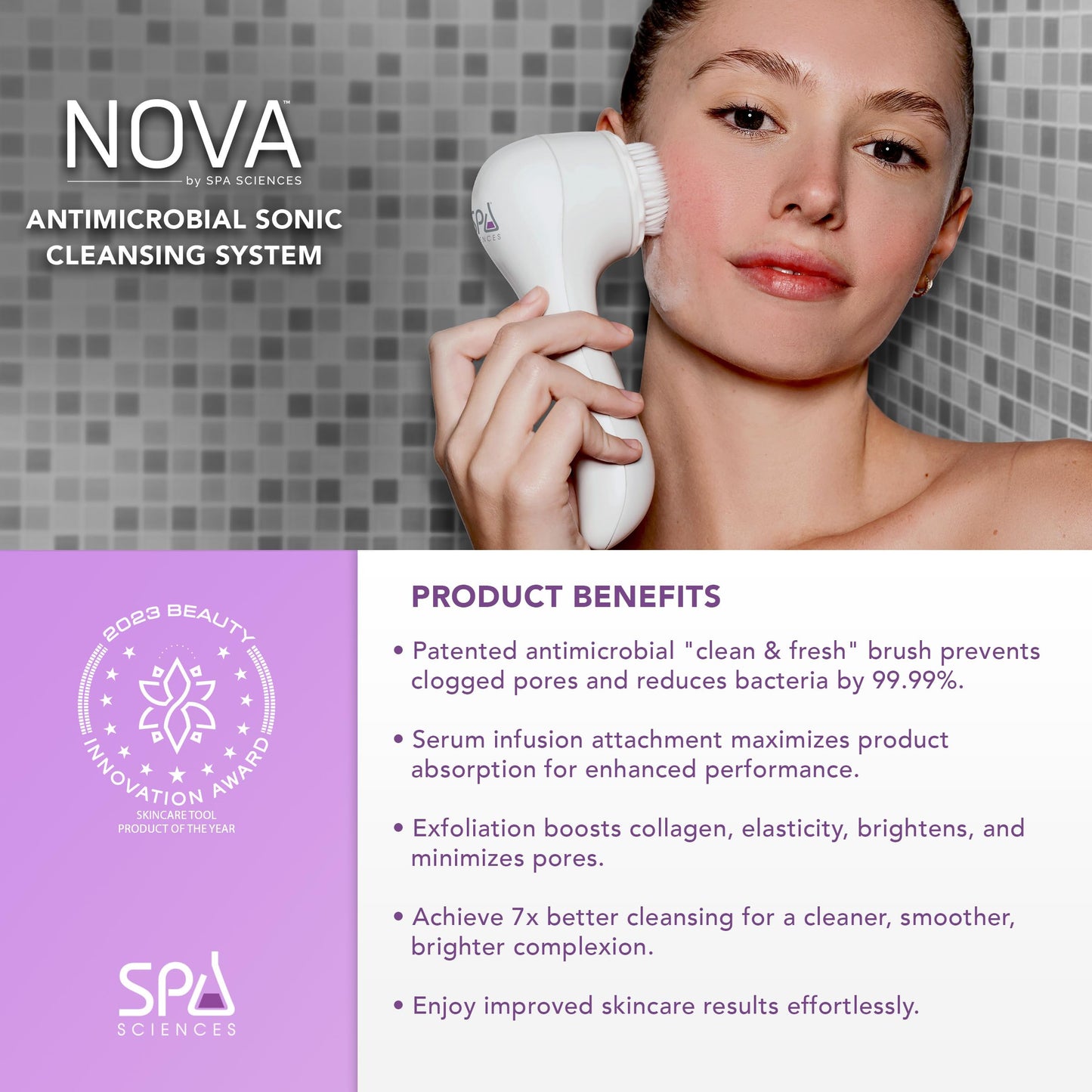 Spa Sciences - NOVA - Cleansing Brush with Bristles & Infusion System – Anti-Aging Facial Exfoliating, Waterproof, and USB Rechargeable