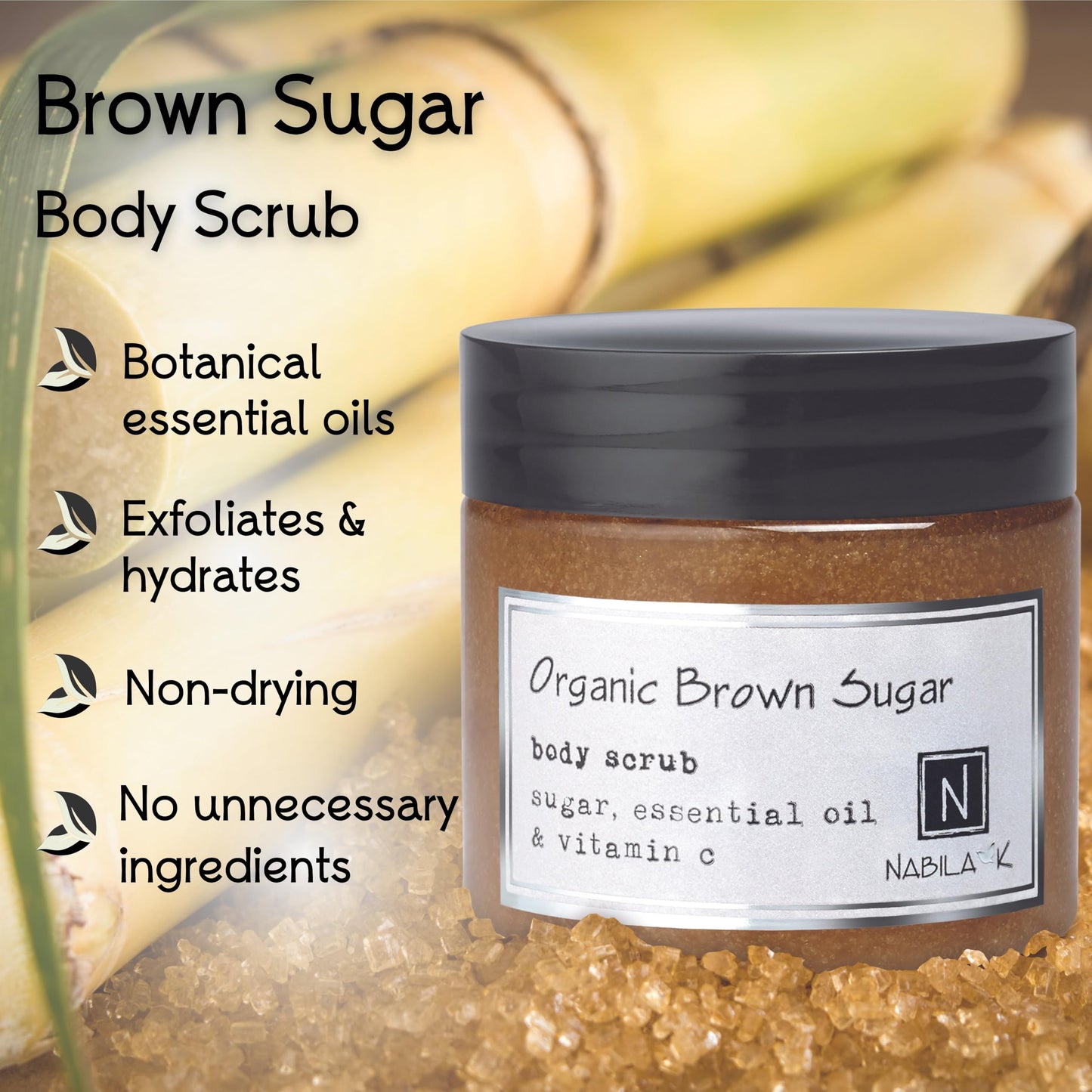 Nabila K Organic Brown Sugar Body Scrub for Women & Men | Sulfate-Free, Cruelty-Free, Natural Exfoliant with Vitamin C | Cane Sugar and Shea Butter | 3 oz