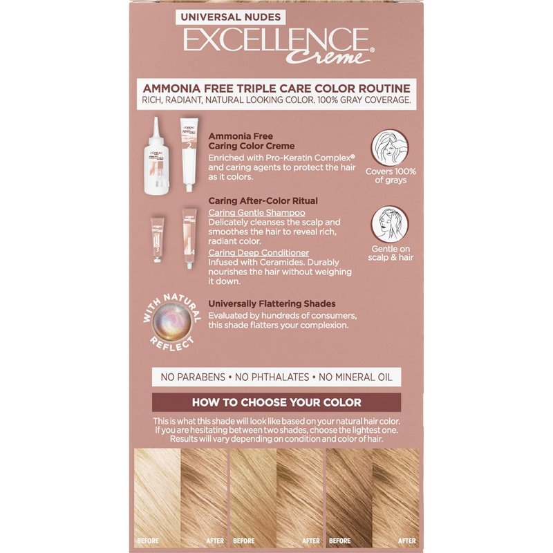 L'Oreal Paris Hair Color - Excellence Universal Nudes, Ammonia-Free Gray Coverage, 9N Natural Light Blonde, 1 Kit
