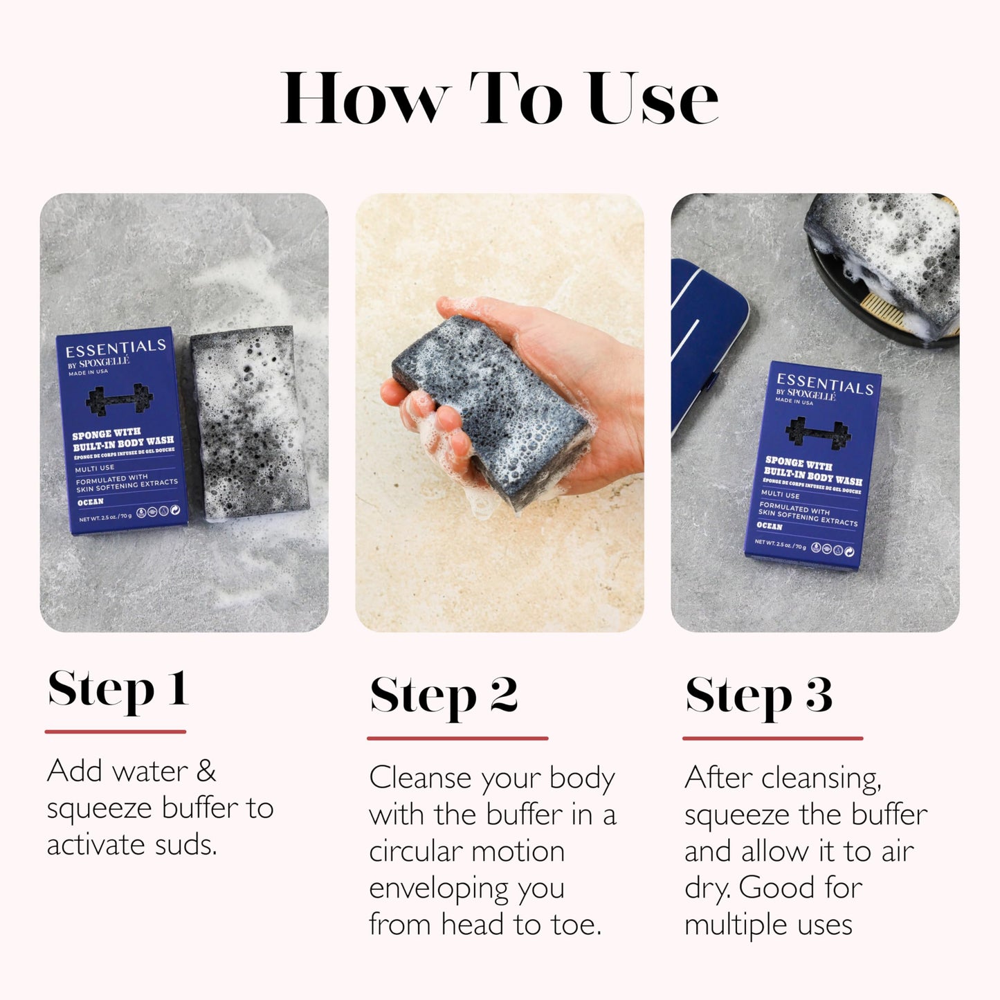 Spongelle Men's Essentials Ocean Body Buffer | Bath & Shower Loofah for Men | Cleanse, Exfoliate, and Nourish in one Easy Step | Cruelty-Free, Vegan, Dermatologist-Tested, Made in USA