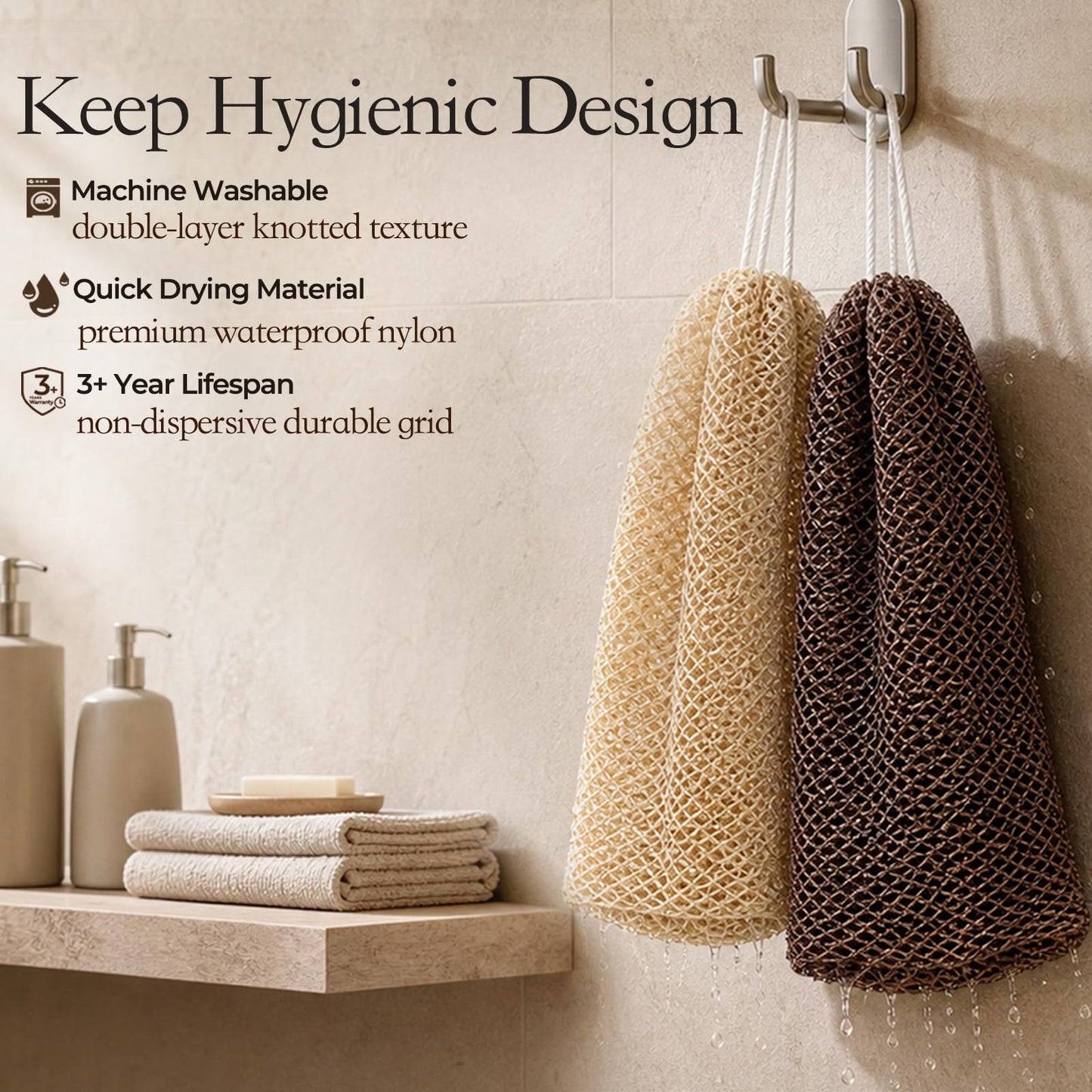 Tonater Body Scrubber 2 Pack, Authentic African Exfoliating Net Sponge Bath Shower Loofah, Up to 47.2" Stretched Nylon Scrubber for Sensitive Skin, Travel Portable Spa Gifts-Light Beige + Dark Brown