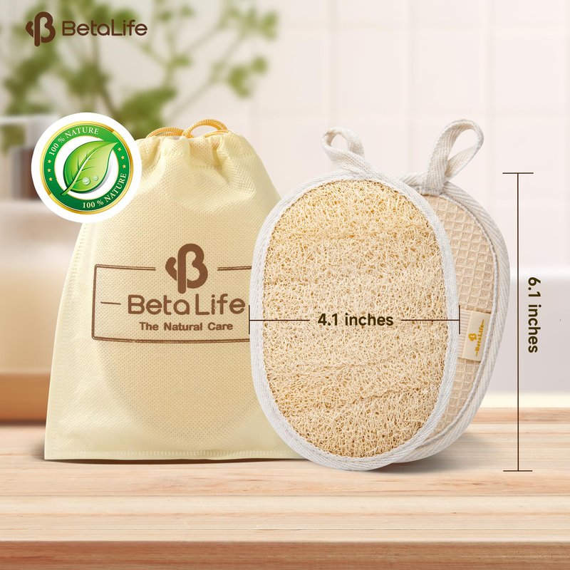 Betalife Natural Loofah Sponge Exfoliating Body Scrubber 2 Count (1 Pack), Made with Natural and Eco-Friendly Luffa for Women and Men