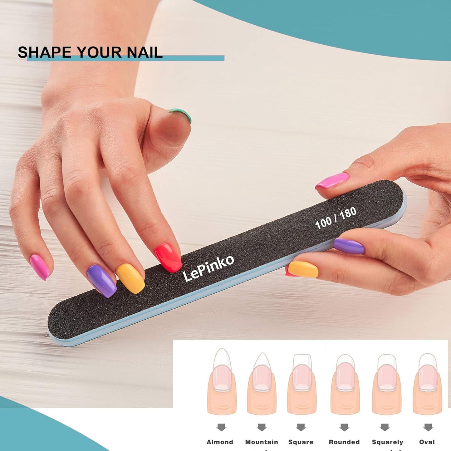 Skiennix Nail File Set - 10PCS Double-Sided 100/180 Grit Emery Boards for Professional Manicure & Pedicure | Washable Tool for Acrylic & Gel Nails