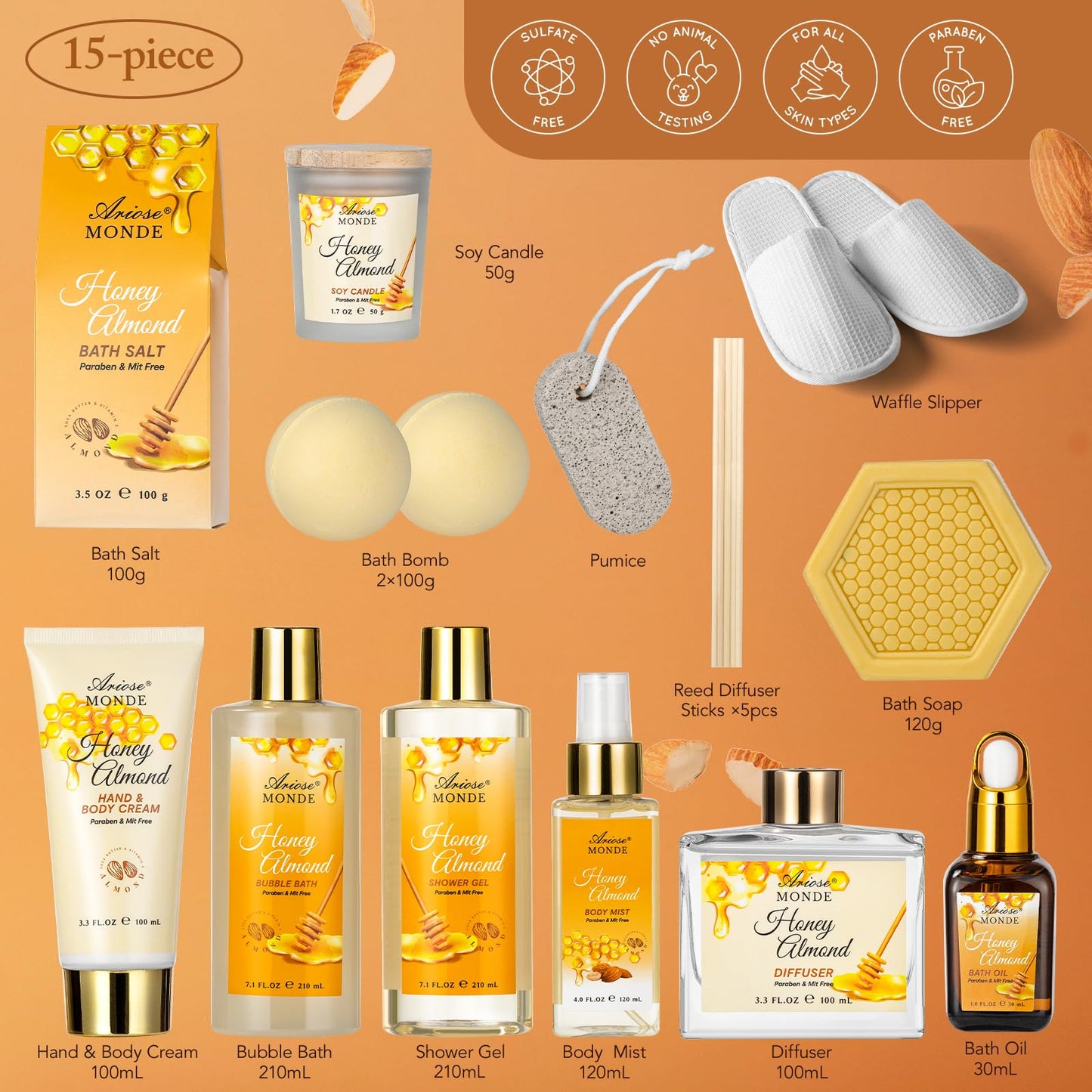 Bath & Body Gift Set, 15 Pcs Honey Almond Scented Bath Set, Home Spa Bath Gift Basket Pamper Gifts for Women Her Mom Friends Sister, Relaxing Spa Gift Baskets for Women Self Care Package