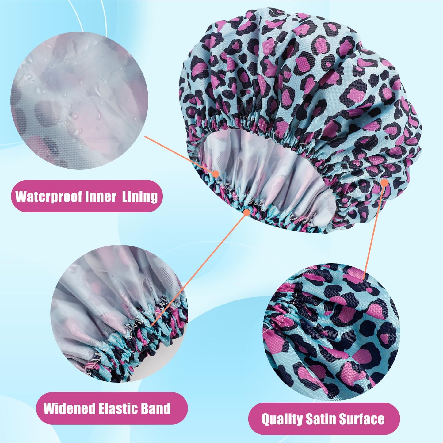 Erinnmy 4 PCS Shower Caps for Women,Reusable Waterproof Shower Cap,Double Layers Bath Caps,Large Shower Cap with EVA Lining,Elastic Bathing Hair Cap for All Hair Lengths(Leopard 1)