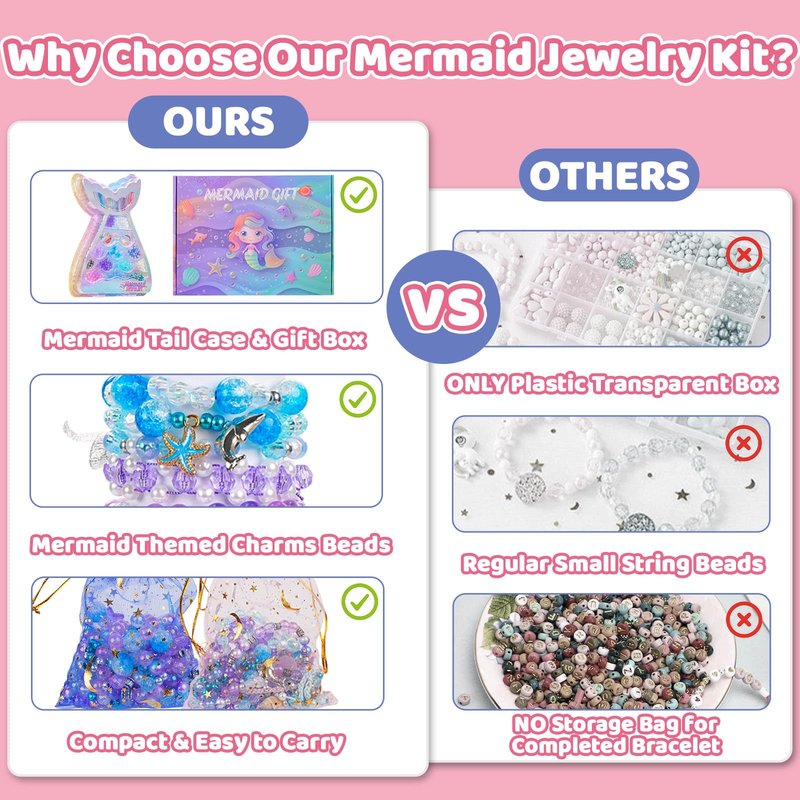 Danvren Mermaid Bracelet Making Kit for Girls, Mermaids Toys Jewelry Craft Christmas Birthday Gifts for Girl, 200+ DIY Beads,Charm Necklace Making Kits for Kids Ages 5-10