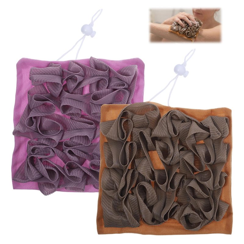 ElevateTech Soap Bar Loofah, 2 Pcs 2 in 1 Loofah Washcloth Combo Exfoliating Bath Sponges with Drawstring Bar Soap Saver Pouch Body Scrubber Mesh Shower Ball for Bathing Smoothing Skin (Purple, Brown)