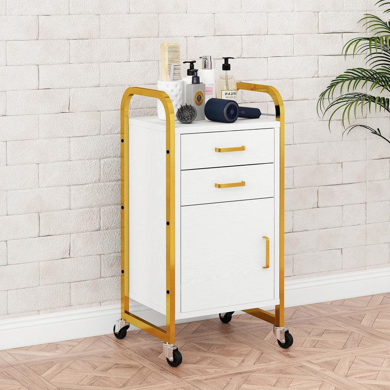 4ever2buy White and Gold Salon Trolley Cart with Wheels, Salon Cart with Drawers and Cabinet, Rolling Cart for Hair Stylist, Professional Salon Stations Organizer