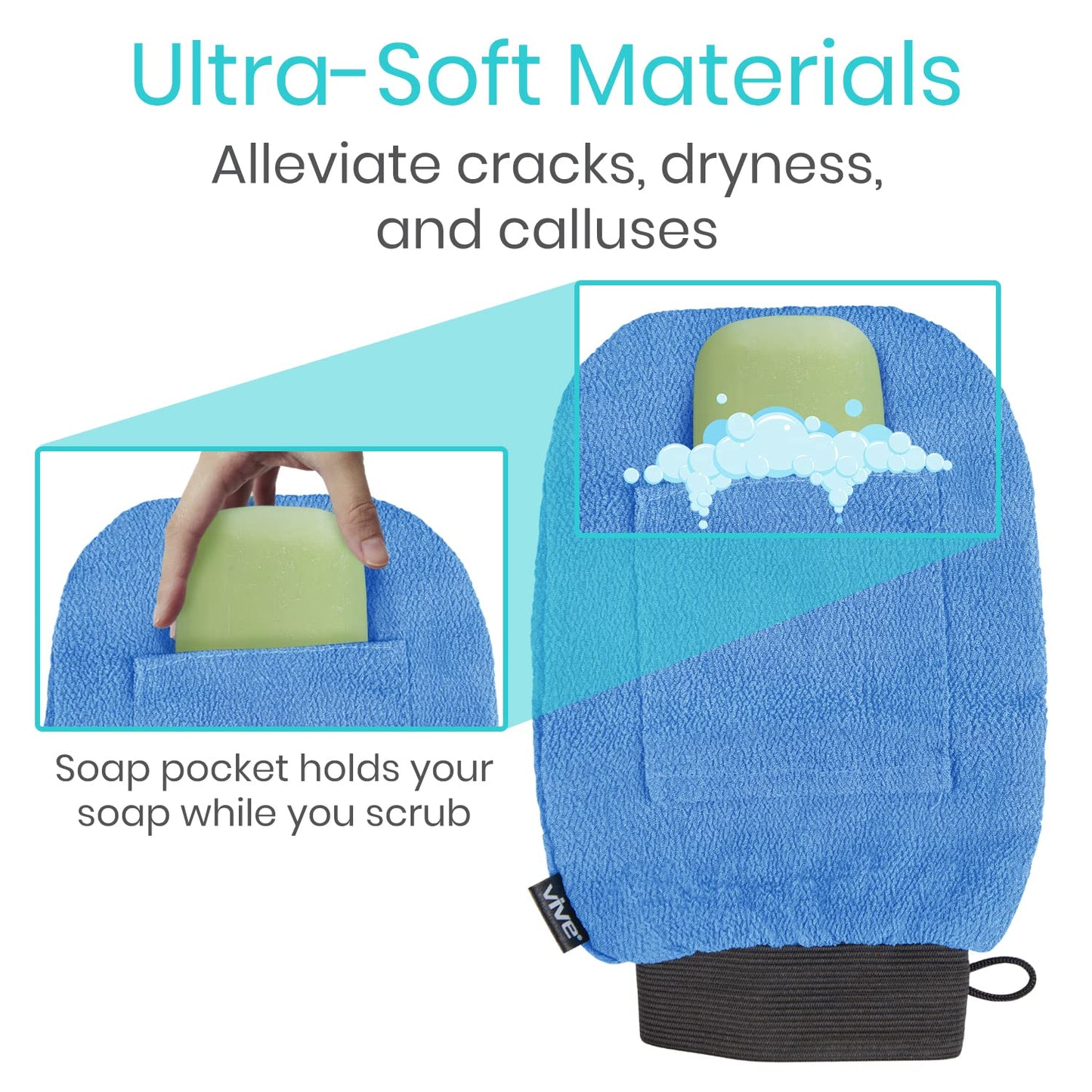 Vive Exfoliating Mitts for Body (4 Pack) - Scrub Gloves with Soap-Saver Pocket - Body Exfoliate Shower Dead Skin Remover - Deep Microdermabrasion Exfoliator for Kerastosis Pilaris - Premium