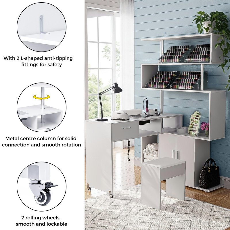 Kikihouse Manicure Table Nail Desk with Dust Collector, L-Shaped Nail Tech Desk with Stool, Two-Way Drawer, Cabinet & Storage Shelves, Rotating Reversible Manicure Workstation on Wheels (White)