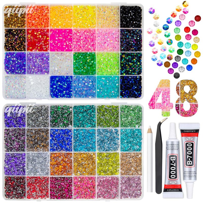 48 Color 4mm SS16 Jelly AB & Crystal Resin Rhinestones - Flatback Gems for Nail Art, Makeup, DIY Crafts, and Bedazzling
