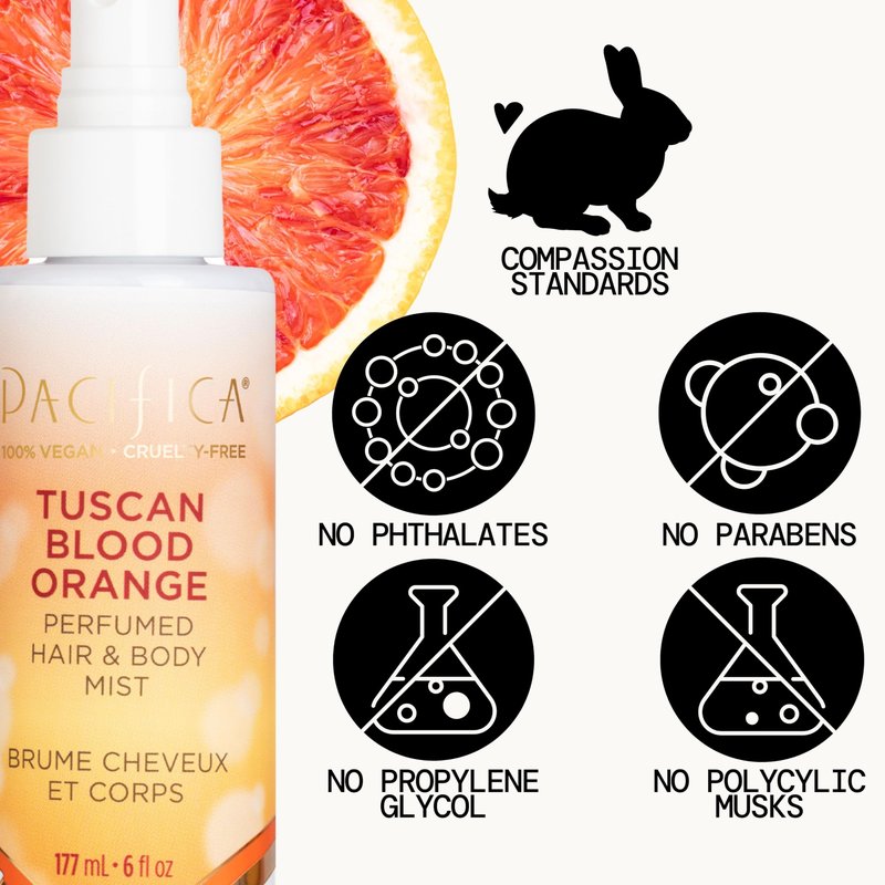 Pacifica Hair & Body Fragrance Mist - Tuscan Blood Orange - Sweet Citrus Scented Hair Perfume and Body Spray - Alcohol-Free, Long-Lasting Clean Fragrance, Vegan & Cruelty-Free, 6 Fl Oz