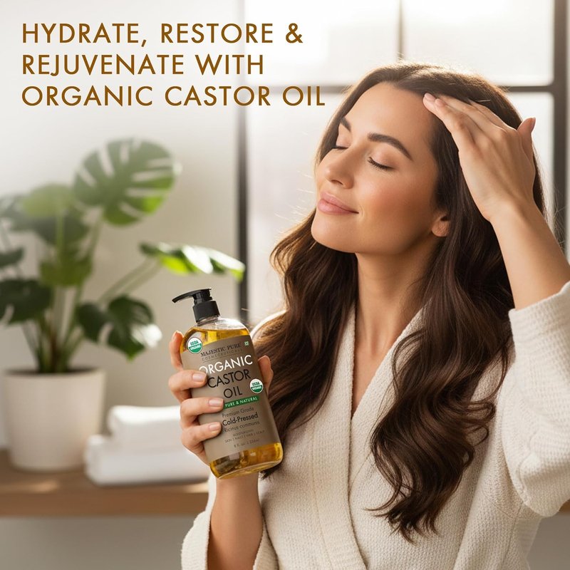 Majestic Pure Castor Oil - 100% Pure & Natural Cold Pressed Hair Growth Oil | USDA Organic 8 Fl Oz
