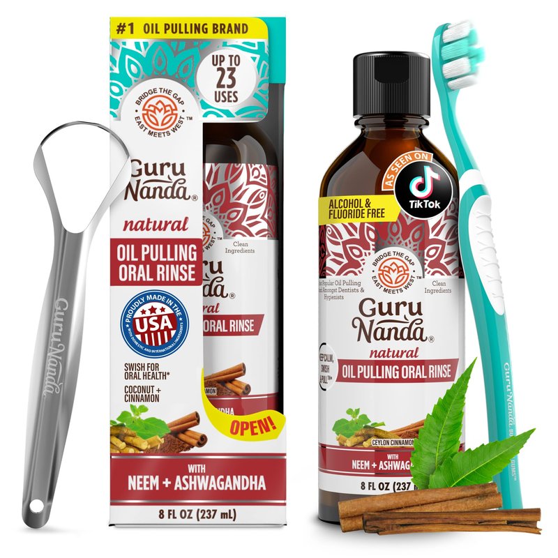 GuruNanda Cinnamon Oil Pulling Mouthwash, Promotes Calmness, with Neem & Ashwagandha for Fresh Breath & Happy Gums, Alcohol-Free, with Toothbrush & Tongue Scraper, 8 Oz