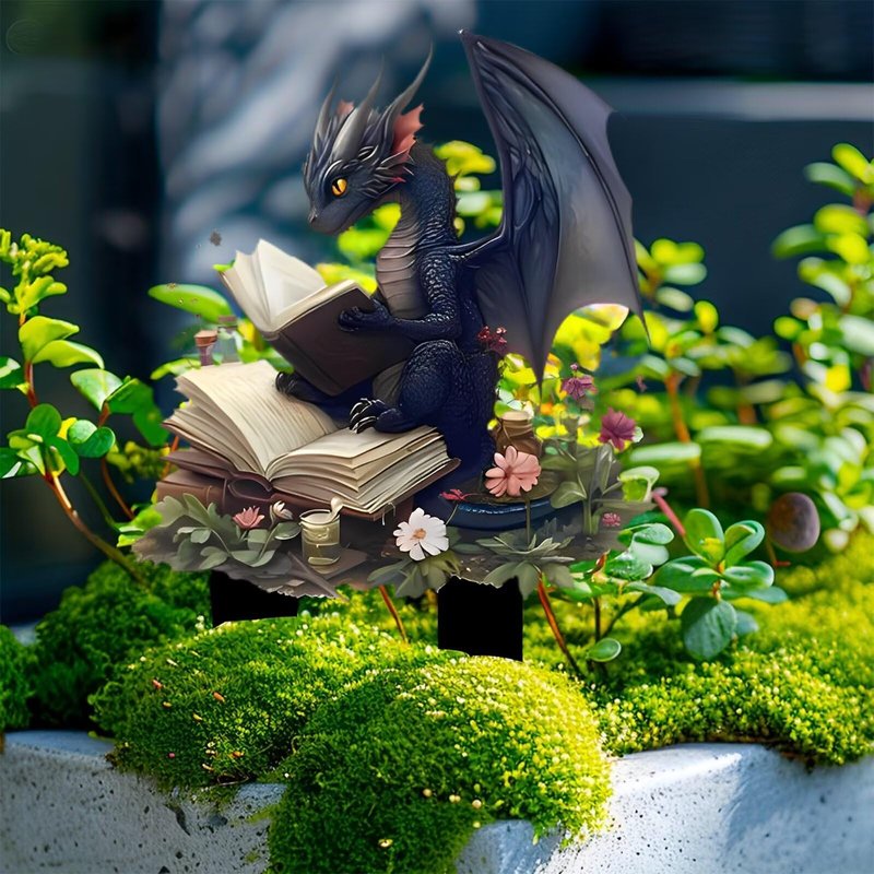 Dragon Reading Book Acrylic Garden Stake, Indoor and Outdoor Decoration, Idea Gift for Flower Potted Ornament and Landscape Beautification, Suitable for Yard, Courtyards and Lawn